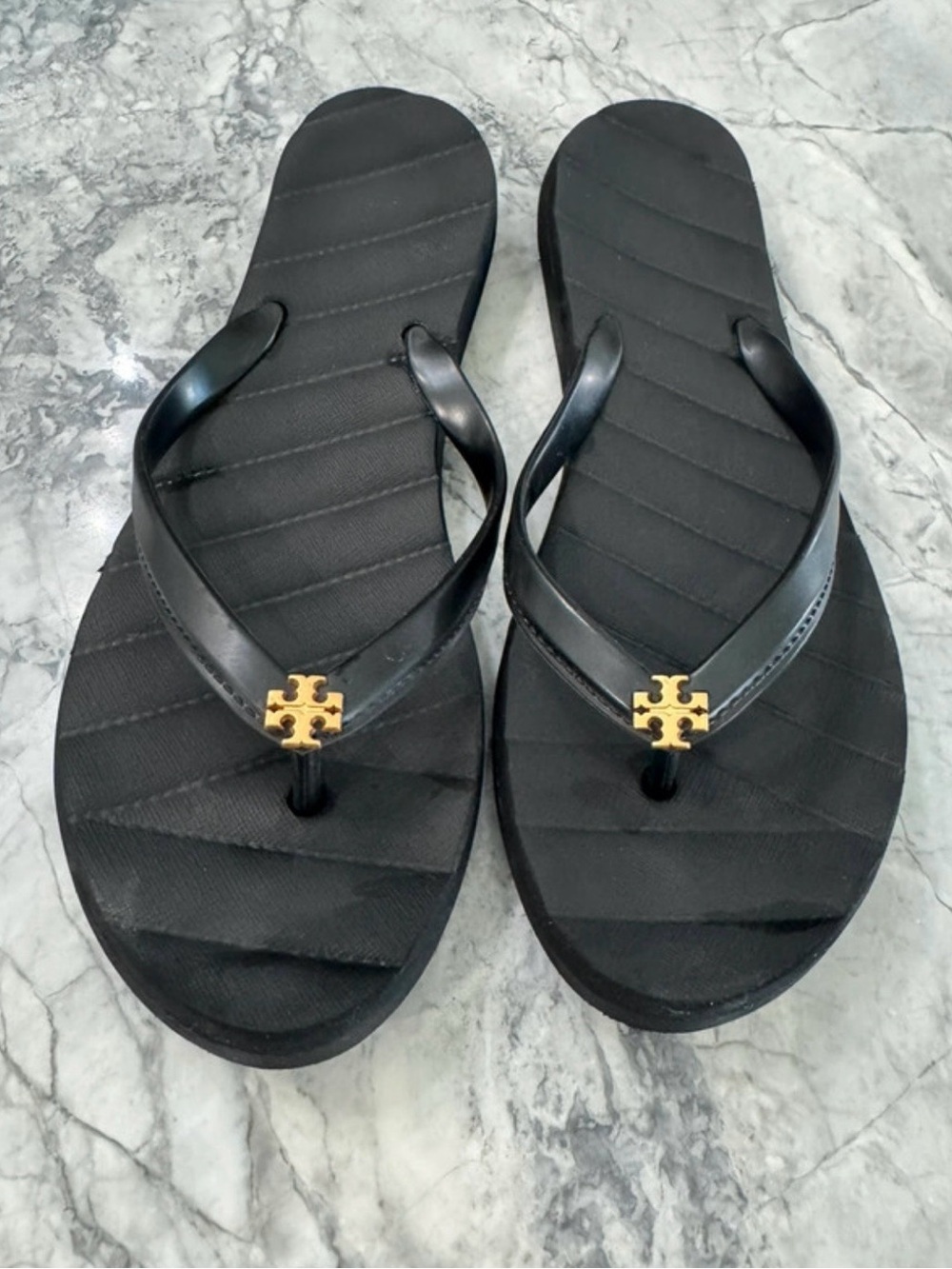 Tory Burch Black Flip Flop Sandals with Gold Logo